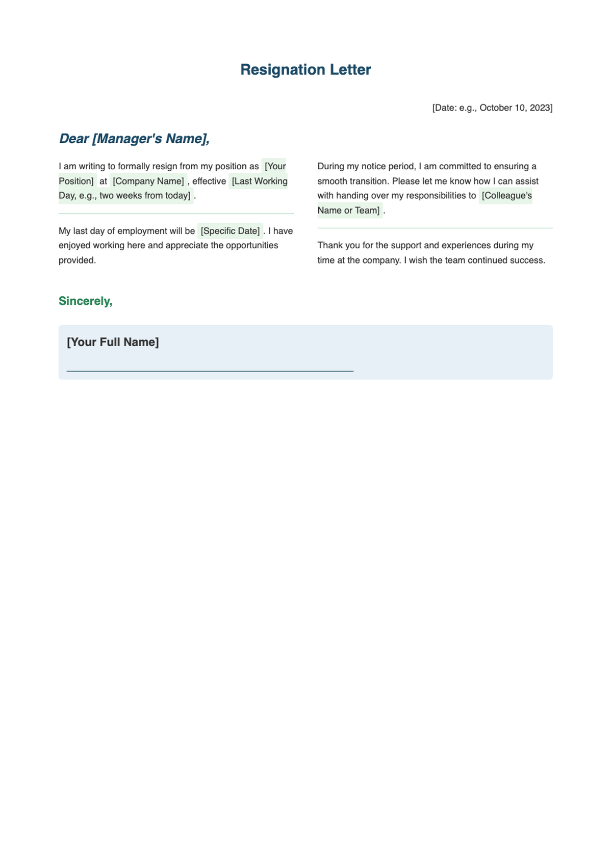 Professional resignation letter template with blue sidebar and green highlights_variant_3